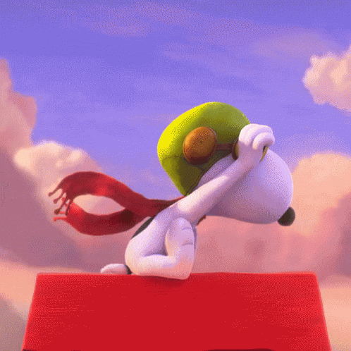 Snoopy In Green Hat And Scarf Jumping Out Of Red Box GIF