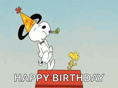 Snoopy In Party Hat Blowing Horn, Woodstock On Box GIF