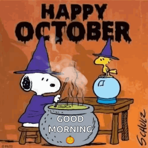 Snoopy Is A Witch Preparing A Potion In A Cauldron While Woodstock Looks On . GIF