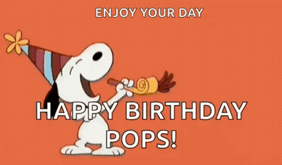 Snoopy Is Blowing A Party Horn And Saying `` Enjoy Your Day Happy Birthday Pops '' . GIF