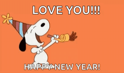 Snoopy Is Blowing A Party Horn And Saying `` Love You !!! Happy New Year '' . GIF