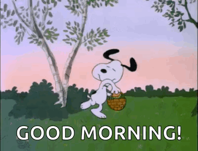 Snoopy Is Carrying A Basket In A Field And Saying `` Good Morning ! '' GIF