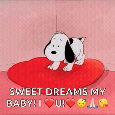 Snoopy Is Crawling On A Red Heart Shaped Pillow And Saying Sweet Dreams My Baby ! I Love You ! GIF