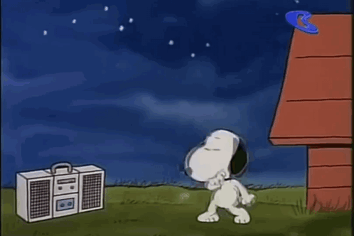 Snoopy Is Dancing In Front Of A Radio And A House . GIF