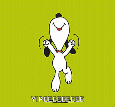 Snoopy Is Dancing On A Green Background With The Words Yipeeeeeee Written Below Him GIF