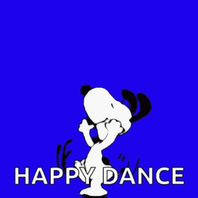 Snoopy Is Dancing On A Green Screen With The Words `` Happy Dance '' Written Below Him . GIF