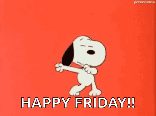 Snoopy Is Dancing On A Red Background With The Words `` Happy Friday '' Written Below Him . GIF