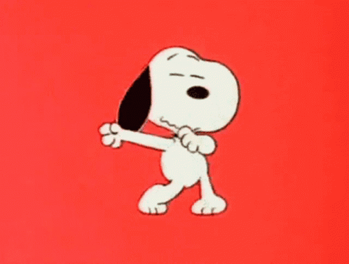 Snoopy Is Dancing With His Arms Outstretched In Front Of A Red Background . GIF