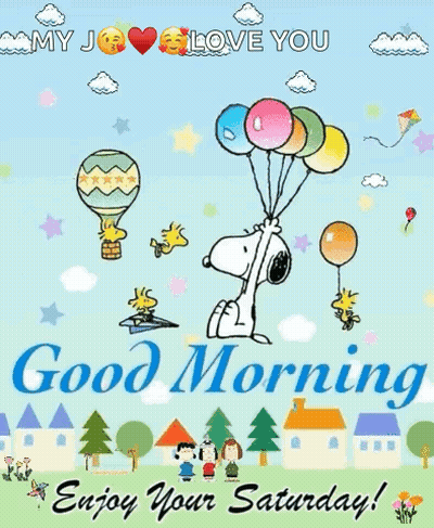 Snoopy Is Holding A Bunch Of Balloons In The Air . GIF