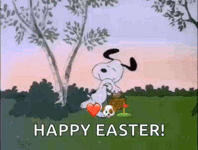 Snoopy Is Holding A Heart And A Basket Of Easter Eggs In A Field With The Words `` Happy Easter '' . GIF