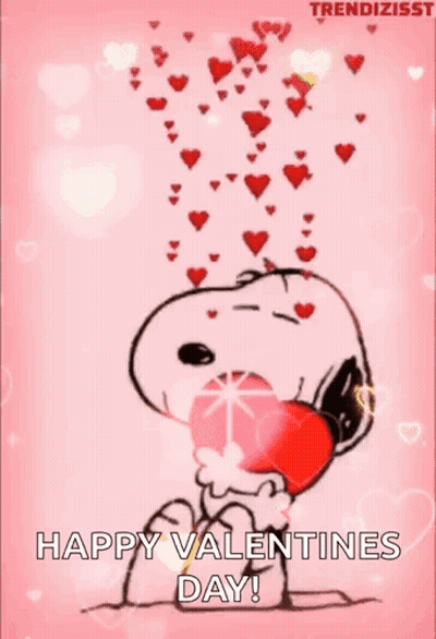 Snoopy Is Holding A Heart In His Mouth And Hearts Are Coming Out Of His Eyes . GIF