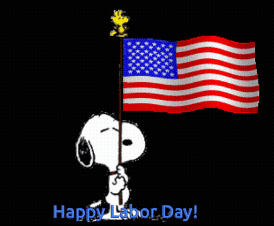 Snoopy Is Holding An American Flag With The Words Happy Labor Day Behind Him GIF