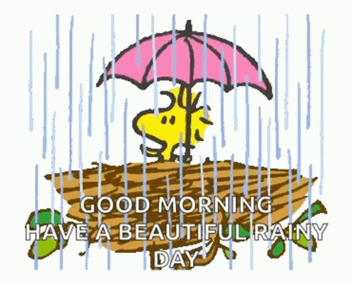 Snoopy Is Holding An Umbrella In The Rain And Says `` Good Morning Have A Beautiful Rainy Day '' . GIF