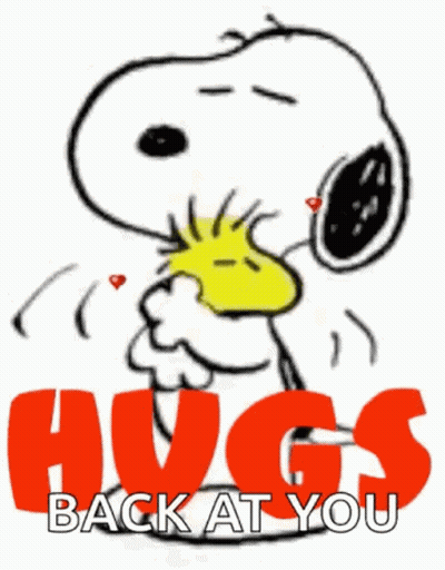 Snoopy Is Hugging Woodstock With Hearts In His Eyes And The Words `` Hugs Back At You '' . GIF
