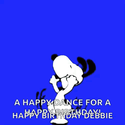 Snoopy Is Jumping In The Air With The Words A Happy Dance For A Happy Birthday Debbie Below Him GIF