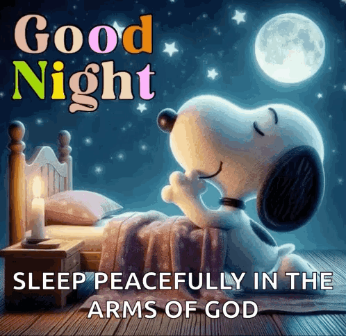 Snoopy Is Laying In Bed With A Candle And Says Good Night Sleep Peacefully In The Arms Of God . GIF