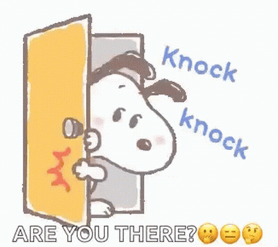 Snoopy Is Peeking Out Of A Door With The Words Knock Knock Are You There Written On It . GIF