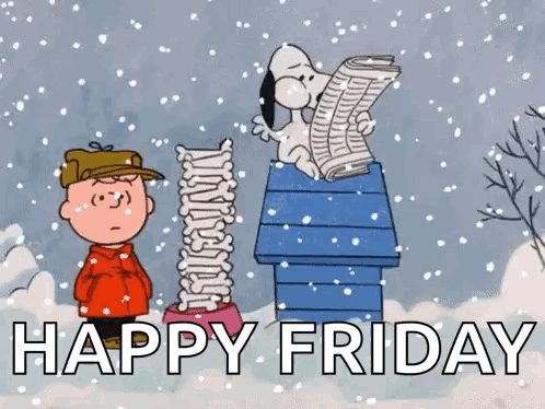 Snoopy Is Reading A Newspaper While Charlie Brown Holds A Pile Of Bones In The Snow . GIF