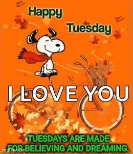 Snoopy Is Riding A Bicycle On A Happy Tuesday Greeting Card With Leaves . GIF