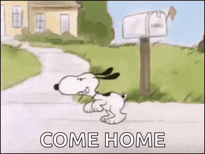Snoopy Is Running Down A Road Next To A Mailbox And A House . GIF