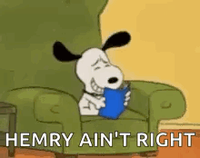 Snoopy Is Sitting In A Chair Reading A Book And Saying Hemry Ain 'T Right . GIF