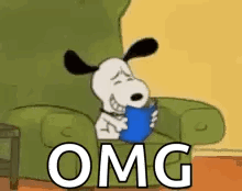 Snoopy Is Sitting In A Chair Reading A Book And Saying `` Omg '' . GIF