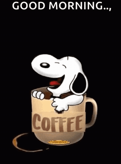 Snoopy Is Sitting In A Cup Of Coffee On A Black Background . GIF