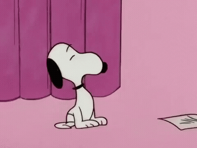 Snoopy Is Sitting In Front Of A Pink Curtain On A Pink Background . GIF