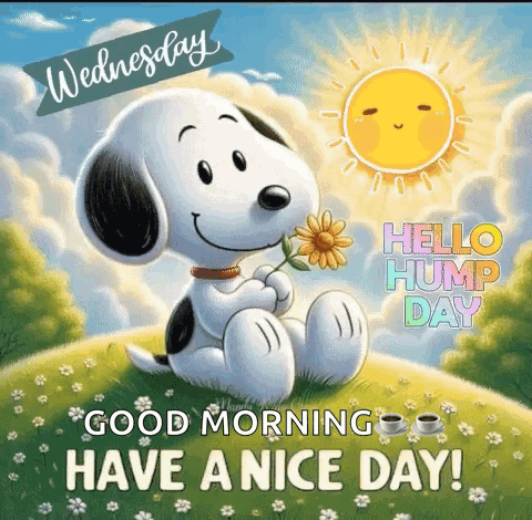 Snoopy Is Sitting In The Grass Holding A Flower And Says Good Morning Have A Nice Day . GIF