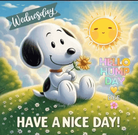 Snoopy Is Sitting In The Grass Holding A Flower And Says `` Have A Nice Day ! '' GIF