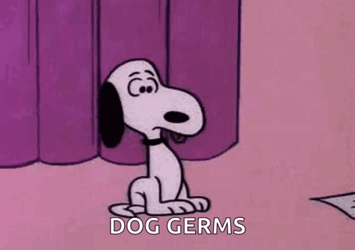 Snoopy Is Sitting On The Floor With His Tongue Out And The Words `` Dog Germs '' Written On The Bottom . GIF