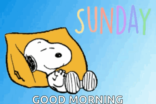 Snoopy Is Sleeping On A Pillow With The Words " Good Morning Sunday " Above Him GIF