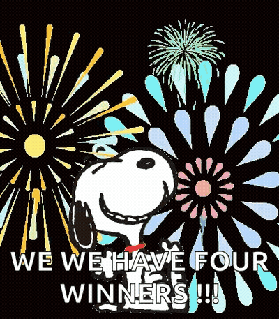 Snoopy Is Smiling In Front Of A Fireworks Display And Says We Have Four Winners . GIF