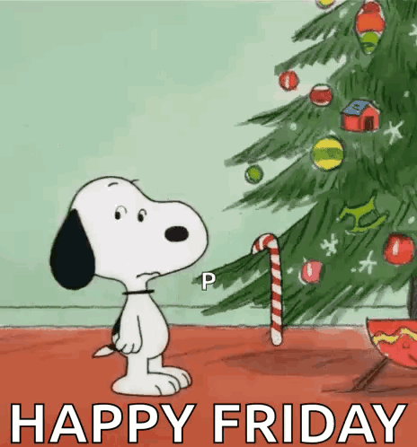 Snoopy Is Standing In Front Of A Christmas Tree With A Candy Cane And Says Happy Friday GIF