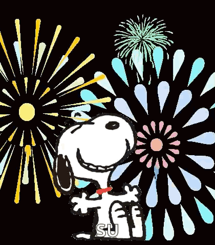 Snoopy Is Standing In Front Of A Fireworks Display And Holding A Sign That Says Happy New Year . GIF