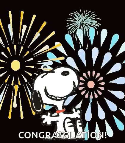 Snoopy Is Standing In Front Of A Fireworks Display And Says Congratulations . GIF