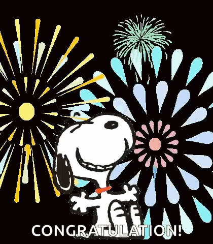 Snoopy Is Standing In Front Of A Fireworks Display And Says `` Congratulations ! '' GIF