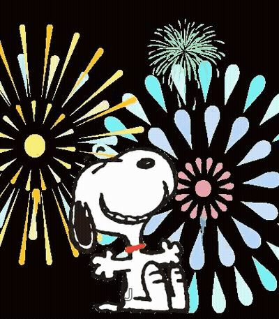 Snoopy Is Standing In Front Of A Fireworks Display With The Words `` Happy New Year '' Written On It . GIF