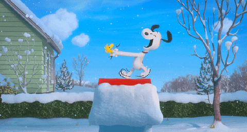 Snoopy Is Standing On The Roof Of A Snowy House GIF