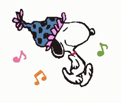 Snoopy Is Wearing A Colorful Hat And Dancing With Music Notes Around Him . GIF