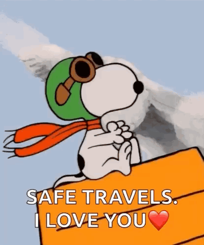 Snoopy Is Wearing A Helmet And Goggles While Sitting On A Box And Saying Safe Travels . GIF