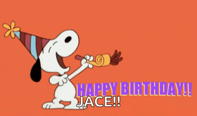 Snoopy Is Wearing A Party Hat And Blowing A Horn With The Words `` Happy Birthday Jace ! '' GIF