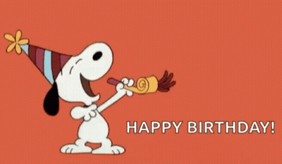Snoopy Is Wearing A Party Hat And Blowing A Party Horn And Saying Happy Birthday . GIF