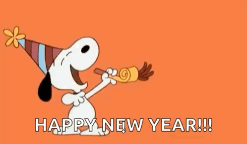 Snoopy Is Wearing A Party Hat And Blowing A Party Horn To Wish A Happy New Year . GIF