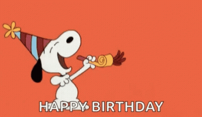 Snoopy Is Wearing A Party Hat And Blowing A Party Horn While Saying Happy Birthday . GIF