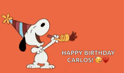 Snoopy Is Wearing A Party Hat And Blowing A Party Horn With The Words `` Happy Birthday Carlos '' . GIF