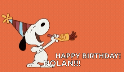 Snoopy Is Wearing A Party Hat And Blowing A Party Horn With The Words `` Happy Birthday Nolan ! '' GIF