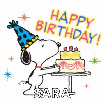 Snoopy Is Wearing A Party Hat And Holding A Birthday Cake With The Name Sara Written Below Him GIF