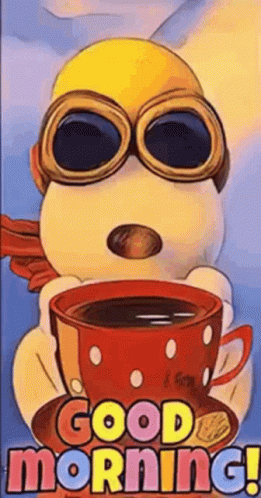 Snoopy Is Wearing Goggles And Holding A Cup Of Coffee And Says `` Good Morning '' . GIF