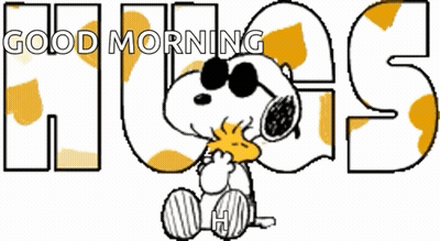 Snoopy Is Wearing Sunglasses And Holding A Piece Of Woodstock In Front Of The Words Good Morning Hugs GIF